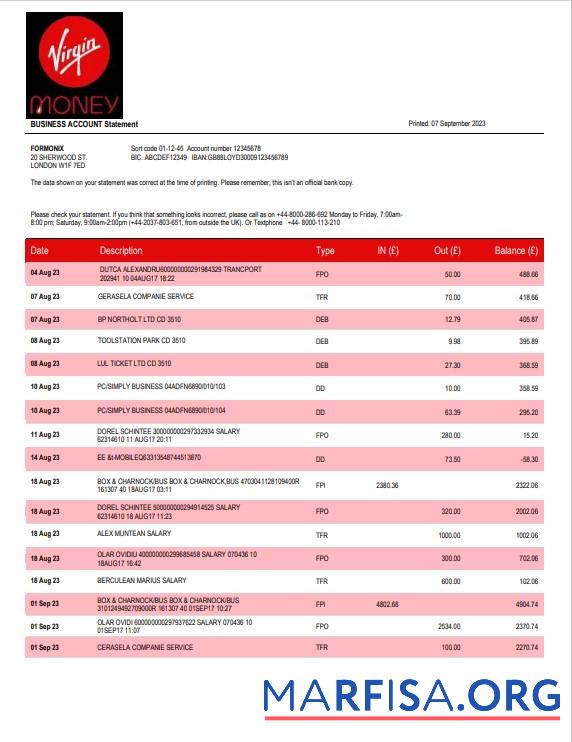 Printable Virgin Money Bank firm account statement Word and PDF template